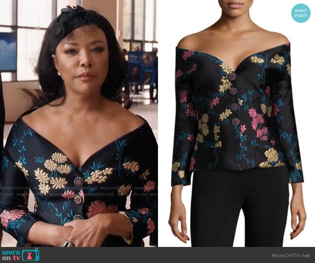 Etro Off-The-Shoulder Brocade Jacket worn by Lady Mae Greenleaf (Lynn Whitfield) on Greenleaf