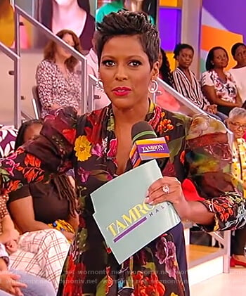 Tamron's black floral tie dress on the Tamron Hall Show