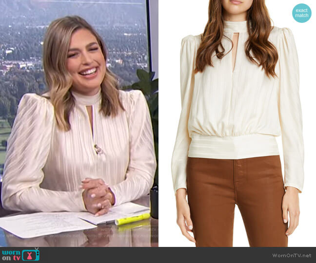 Jacquard Stripe Keyhole Silk Long Sleeve Blouse by Frame worn by Carissa Loethen Culiner on E! News