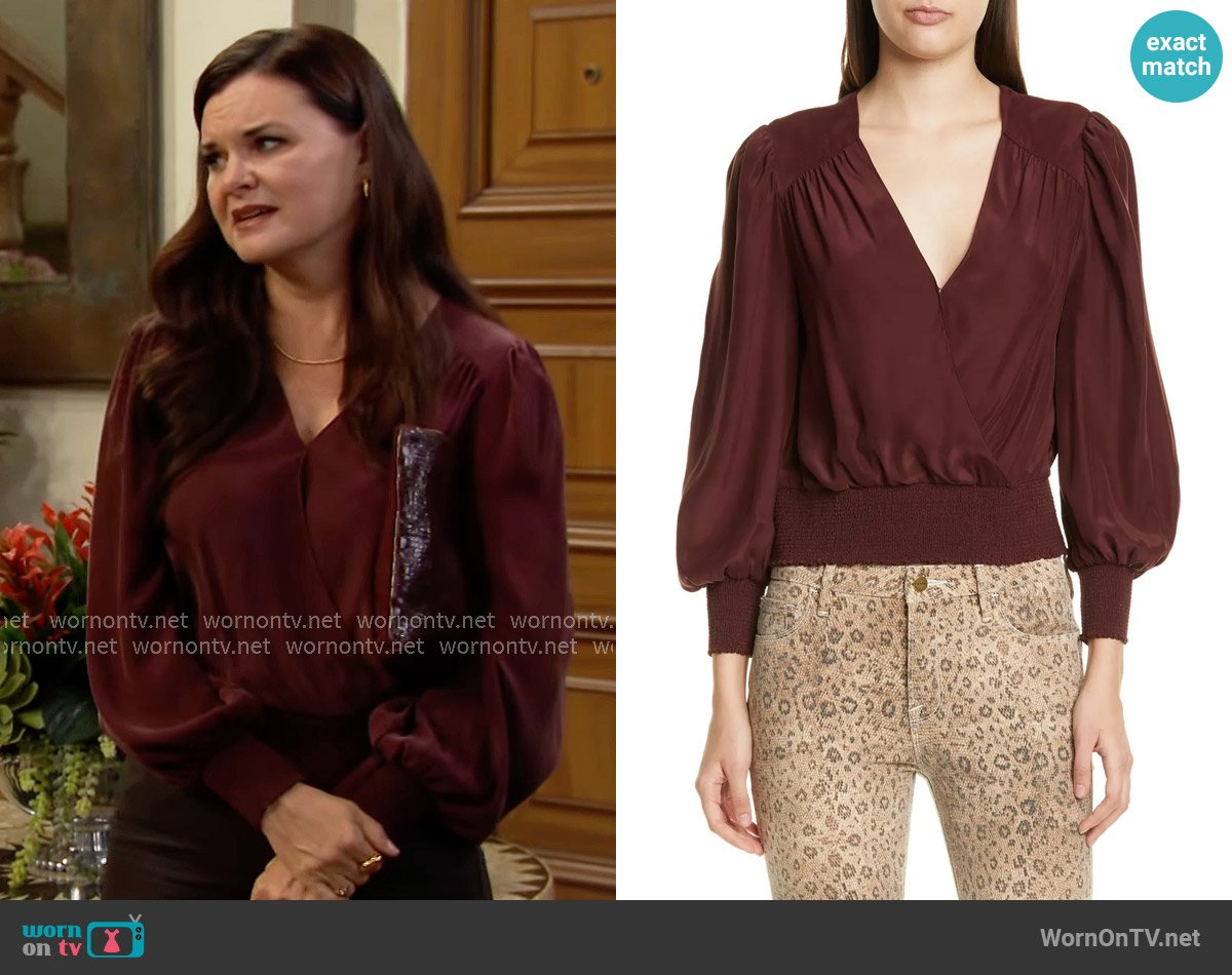 Frame Smocked Hem Surplice Silk Top worn by Katie Logan (Heather Tom) on The Bold and the Beautiful