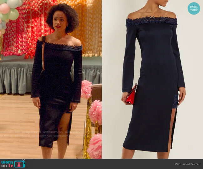 Maya’s navy off-shoulder dress on Four Weddings and a Funeral