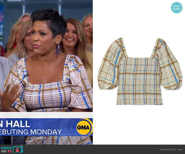 Shirred Checked Cotton-Poplin Top by Ganni worn by Tamron Hall on GMA