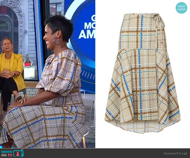 Tiered Checked Cotton-Poplin Wrap Skirt by Ganni worn by Tamron Hall on GMA