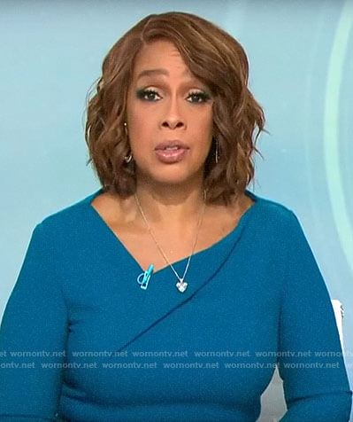 Gayle’s blue asymmetric v-neck dress on CBS This Morning
