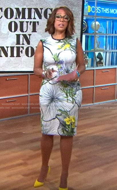Gayle’s white floral sleeveless dress on CBS Mornings