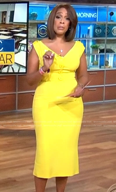 Gayle’s yellow buttoned v-neck dress on CBS Mornings