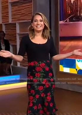 Ginger’s black top and floral skirt on Good Morning America