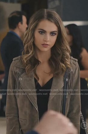 Ingrid's suede fringe moto jacket on Grand Hotel