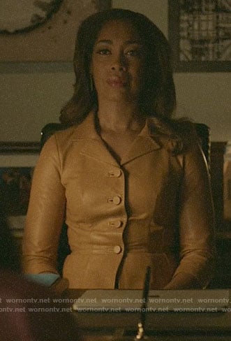 Jessica's tan leather peplum jacket on Pearson