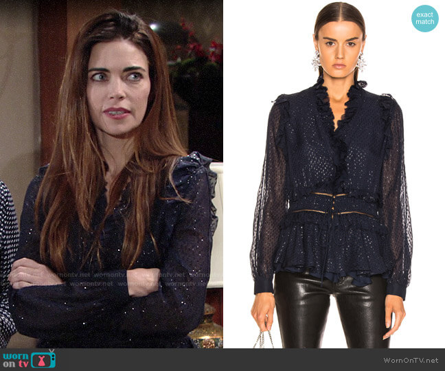 Jonathan Simkhai Metallic Chiffon Blouse worn by Victoria Newman (Amelia Heinle) on The Young and the Restless