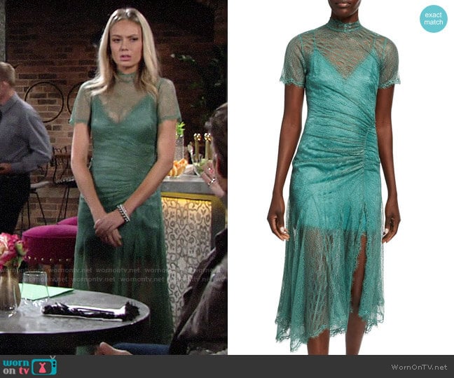 Jonathan Simkhai Sateen Lingerie Lace Short-Sleeve Front-Slit Dress worn by Abby Newman (Melissa Ordway) on The Young and the Restless