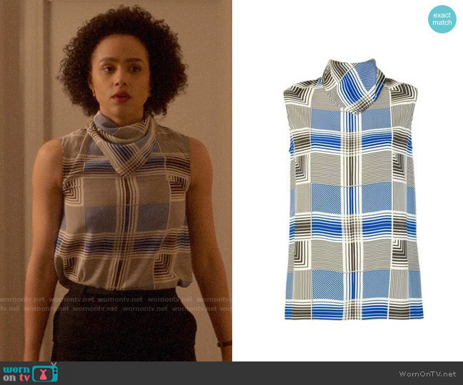 Joseph Scarf Neck Blouse worn by Maya (Nathalie Emmanuel) on Four Weddings and a Funeral