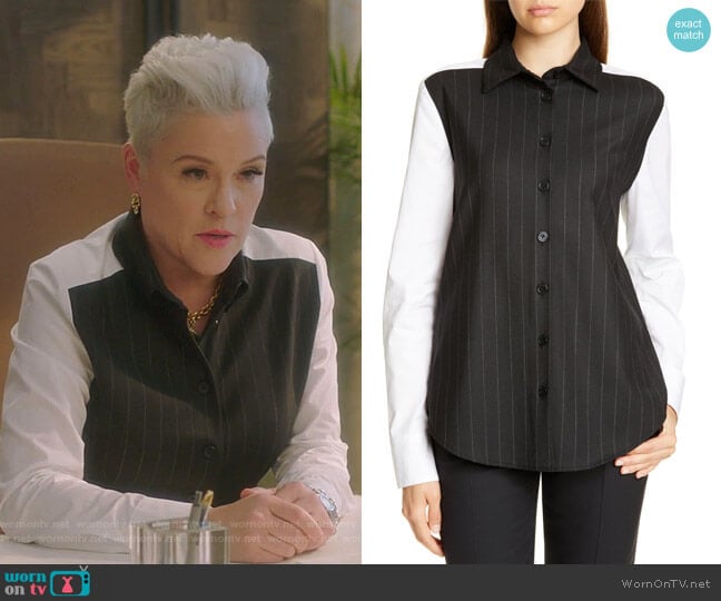 Garda Pinstripe Mixed Media Blouse by Judith & Charles worn by Christine Elise (Christine Elise) on BH90210