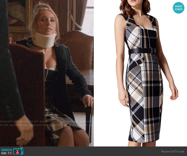 Karen Millen Belted Check Sheath Dress worn by Zara (Sophia La Porta) on Four Weddings and a Funeral