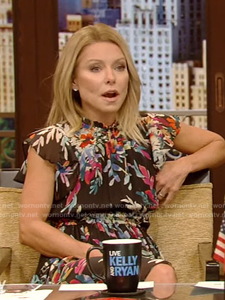 Kelly’s black floral ruffle dress on Live with Kelly and Ryan