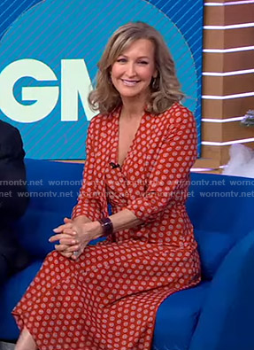 Lara’s orange printed tie neck dress on Good Morning America