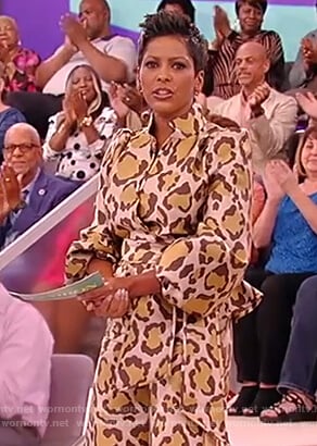 Tamron's leopard wrap blouse and pants on the Tamron Hall Show