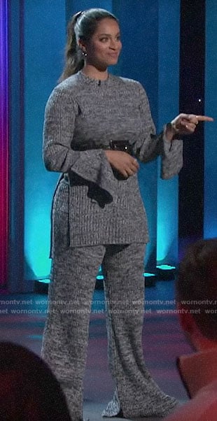 Lilly Singh's grey sweater tunic and pants on A Little Late with Lilly Singh