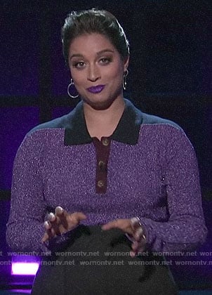 Lilly Singh’s purple metallic polo top on A Little Late with Lilly Singh