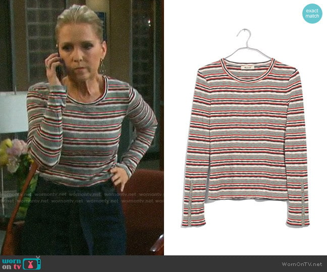 Madewel Elsie Stripe Button Sleeve Tee worn by Jennifer Horton (Melissa Reeves) on Days of our Lives