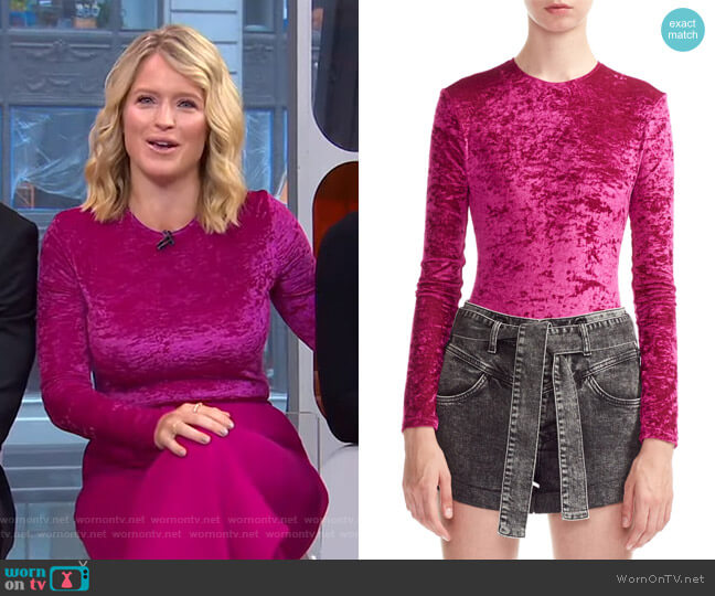 Tipy Crushed Velvet Bodysuit by Maje worn by Sara Haines on Good Morning America