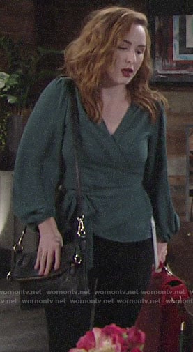 Mariah’s teal wrap top on The Young and the Restless