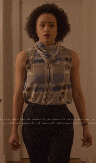 Maya's blue plaid top on Four Weddings and a Funeral