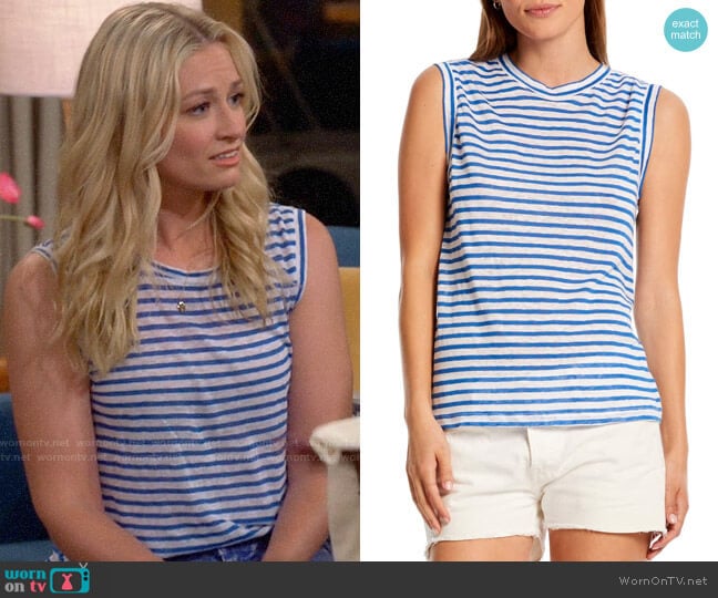 Michael Stars Iris Stripe Linen Tank worn by Gemma (Beth Behrs) on The Neighborhood