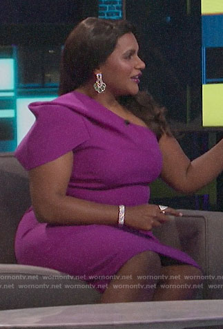Mindy Kaling's magenta one-shoulder dress on A Little Late with Lilly Singh