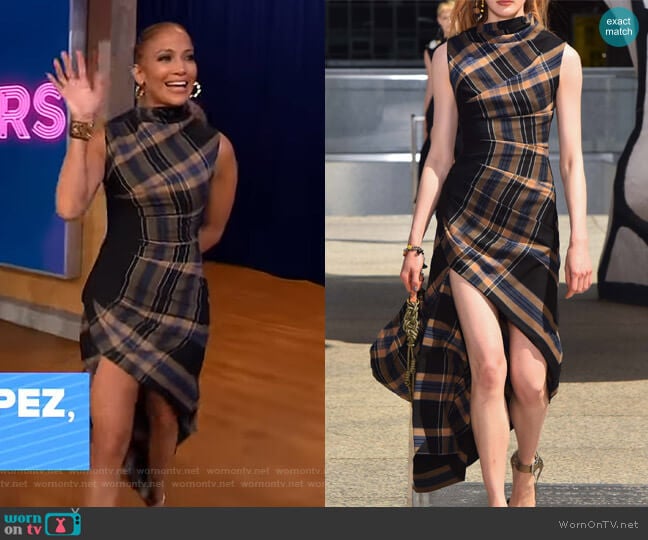 Asymmetric Plaid Crepe Midi Dress by Monse worn by Jennifer Lopez on GMA