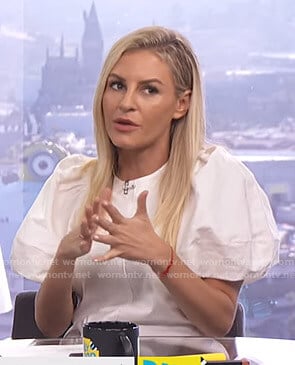 Morgan’s white puff sleeve top on E! News Daily Pop