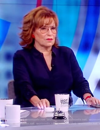 Joy’s navy embroidered cuff blouse  on The View