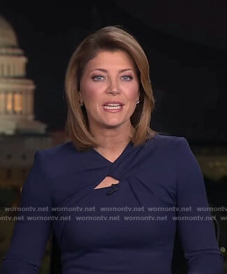 Norah’s navy knotted neck dress on CBS Evening News