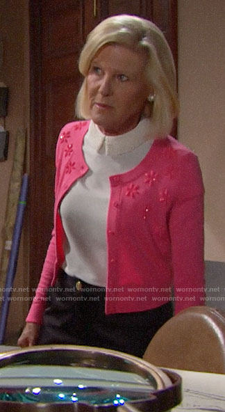 Pam's beaded collar top and pink cardigan on The Bold and the Beautiful