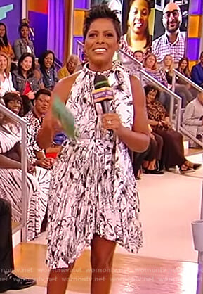 Tamron's asymmetric pleated dress on the Tamron Hall Show