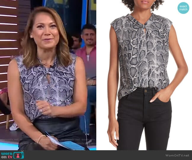 Snakeskin Print Silk Top by Rebecca Taylor worn by Ginger Zee on Good Morning America