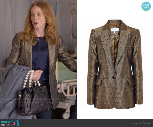 WornOnTV: Gemma’s gold printed blazer on Four Weddings and a Funeral