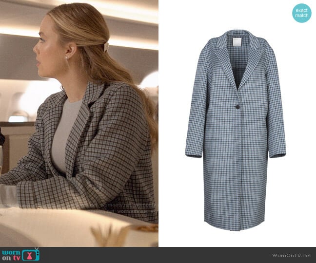 Ainsley’s blue checked coat on Four Weddings and a Funeral