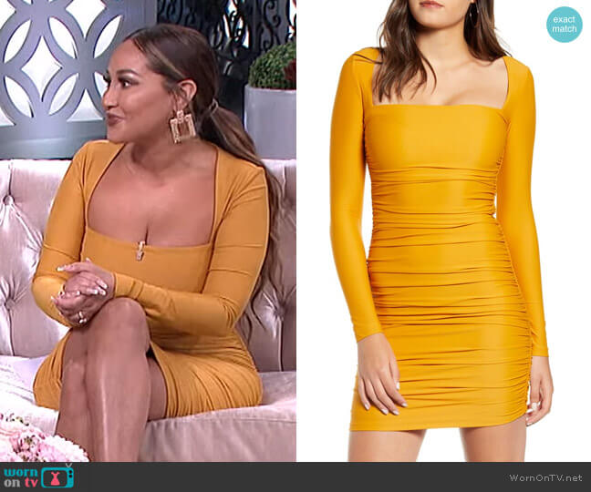 WornOnTV: Adrienne’s mustard square-neck ruched dress on The Real ...