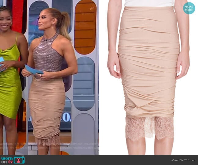 Lace-Hem Ruched Pencil Skirt by Tom Ford worn by Jennifer Lopez on GMA