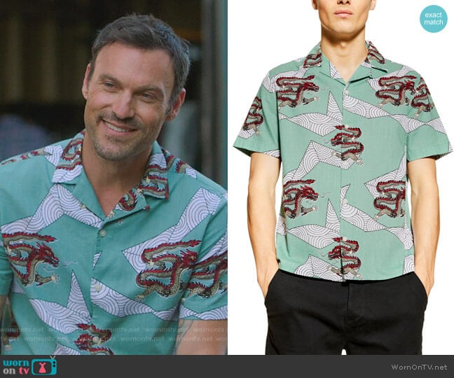 Dragon Print Short Sleeve Button-Up Shirt by Topman worn by Brian Austin Green (Brian Austin Green) on BH90210