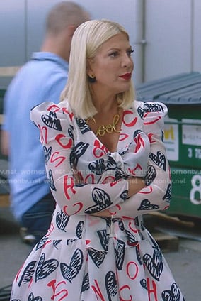 Tori's white heart print dress on BH90210