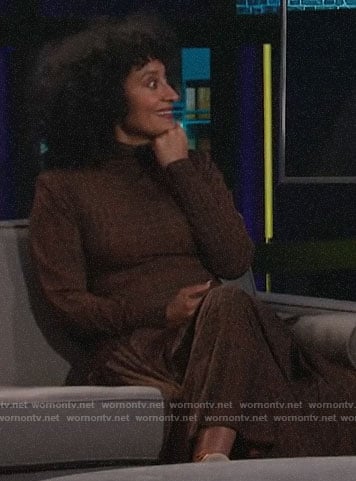 Tracee Ellis Ross’s brown crocodile print dress on A Little Late with Lilly Singh