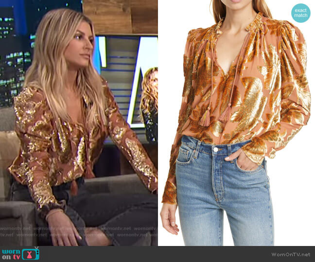 WornOnTV: Morgan’s metallic floral blouse on E! News Nightly Pop ...