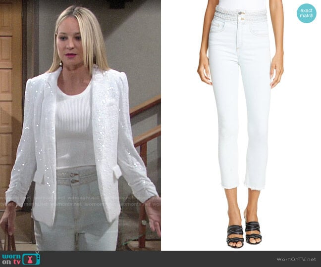 Veronica Beard Carly Braided Waist Kick Flare Jeans worn by Sharon Newman (Sharon Case) on The Young and the Restless