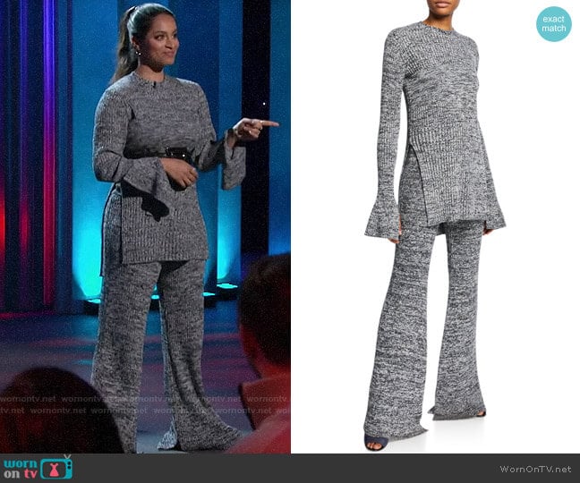 Victoria Beckham Marled Long-Sleeve Keyhole Tunic & Split Flare Pull-On Trousers worn by Lilly Singh on A Little Late with Lilly Singh