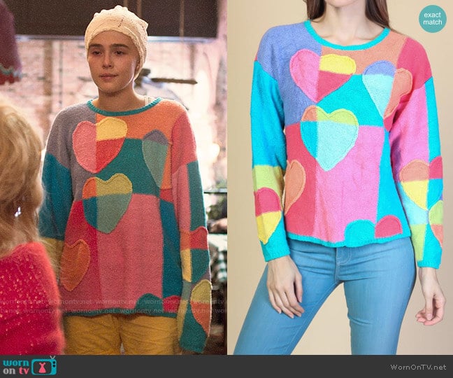 Vintage Colorful Heart Sweater worn by Infinity Jackson (Zoey Deutch) on The Politician