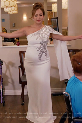 Carrie's white one shoulder embellished dress on The Talk