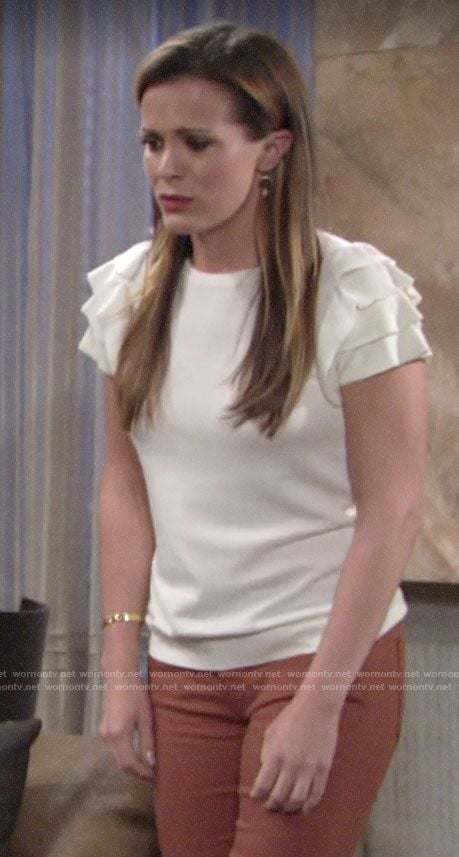 Chelsea’s white ruffle sleeve top on The Young and the Restless