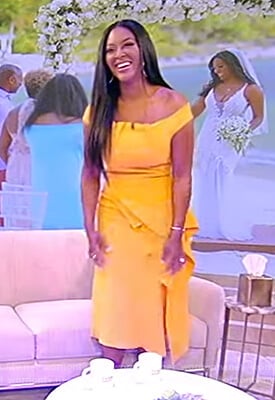 Kenya Moore's yellow ruffle dress on the Tamron Hall Show